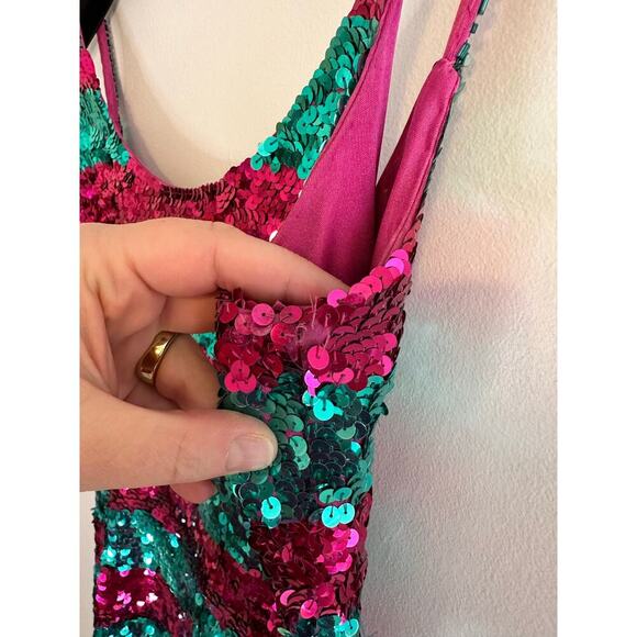 Vintage 80’s Nadine Teal & Hot Pink Beaded Sequin Mini Party Dress Size Small - Picture 5 of 9